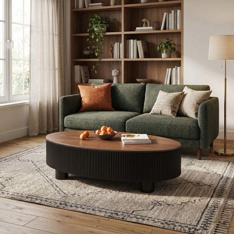 Mid-Century Modern Oval Coffee Table With Fluted Wood Base And Hidden Storage Drawers, 47" Walnut Center Table