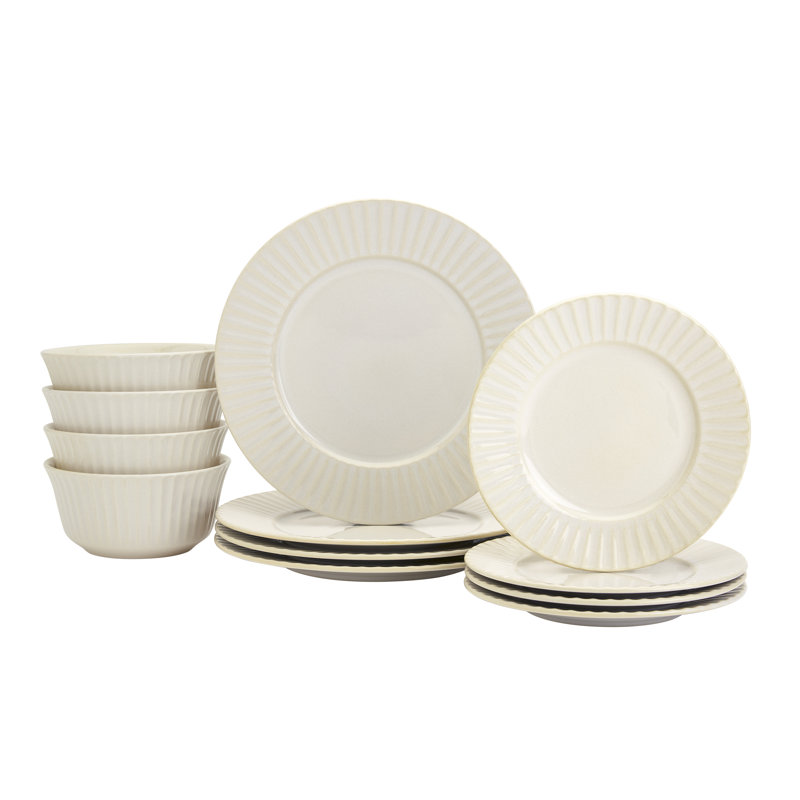 Tabletops Gallery Richmond Collection- 12 Piece Stoneware Embossed Dinnerware Set, Ivory