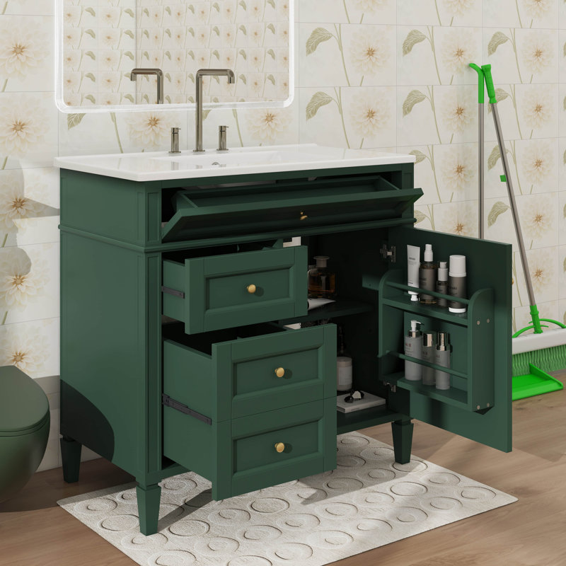 Meuble-lavabo de 36 pouces avec lavabo sur le dessus, armoire de rangement moderne, 2 tiroirs et un tiroir basculant, Vert
