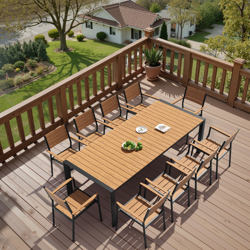 11 - Person 95'' W X 40'' D Aluminum Patio Dining Set With Stackable Armchairs And Umbrella Hole, Brown