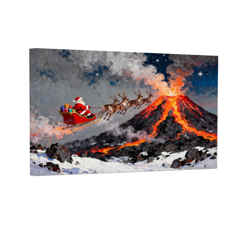 Noël, père Noël, renne, traîneau, volcan, éruption, ciel nocturne, neige