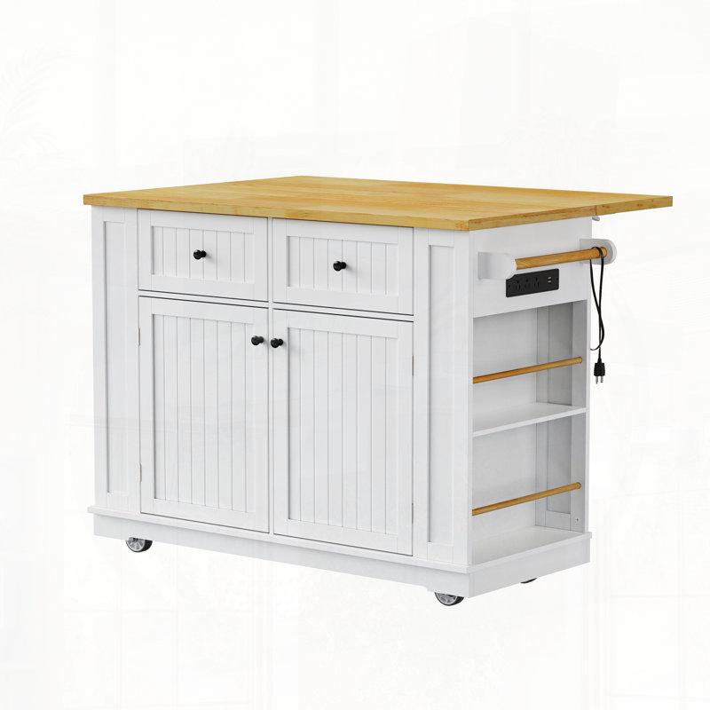 Rolling Kitchen Island with Drop Leaf Power Outlet and Storage Racks, 36.75" H x 48" W x 29.75" D