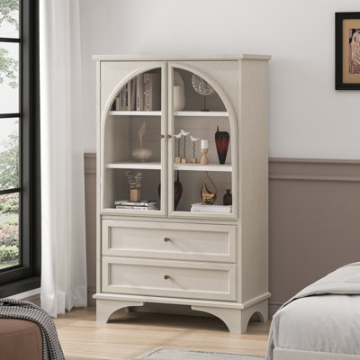 Armoire de rangement vitrée à porte en verre 52,17 "avec 2 tiroirs et tablette réglable, solutions de rangement spacieuses, armoire vitrée pour salon, chambre à coucher, cuisine et bureau