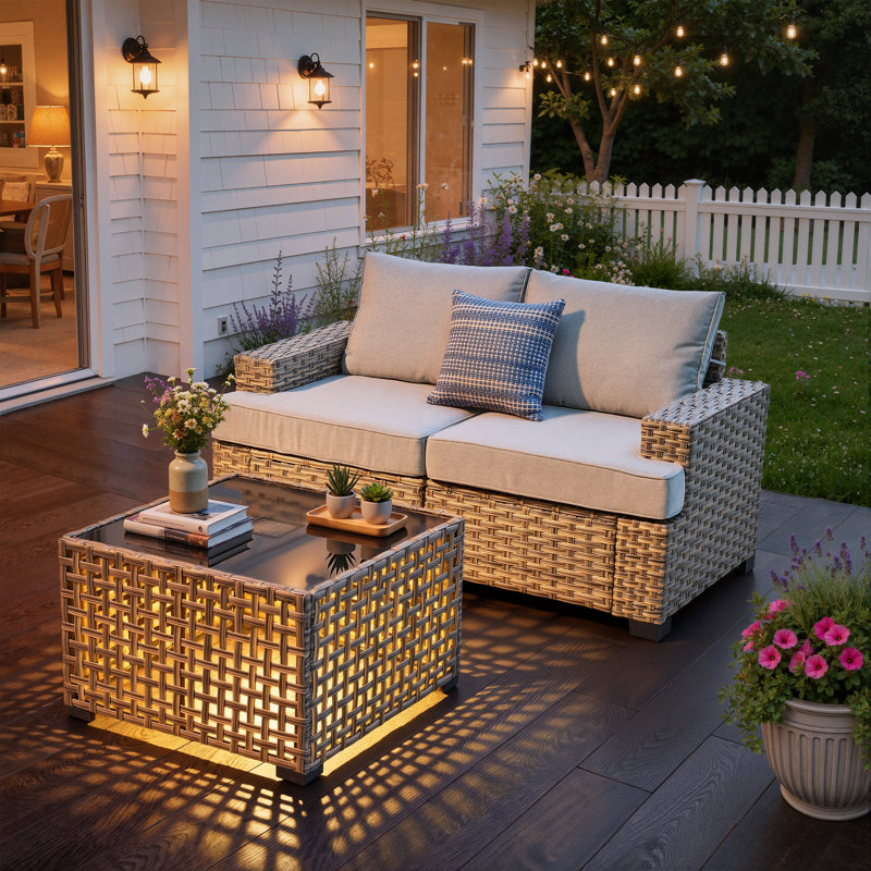 Ensemble de canapé modulaire d'extérieur en osier 3 pièces avec table basse et coussins Wahkon, Light Gray