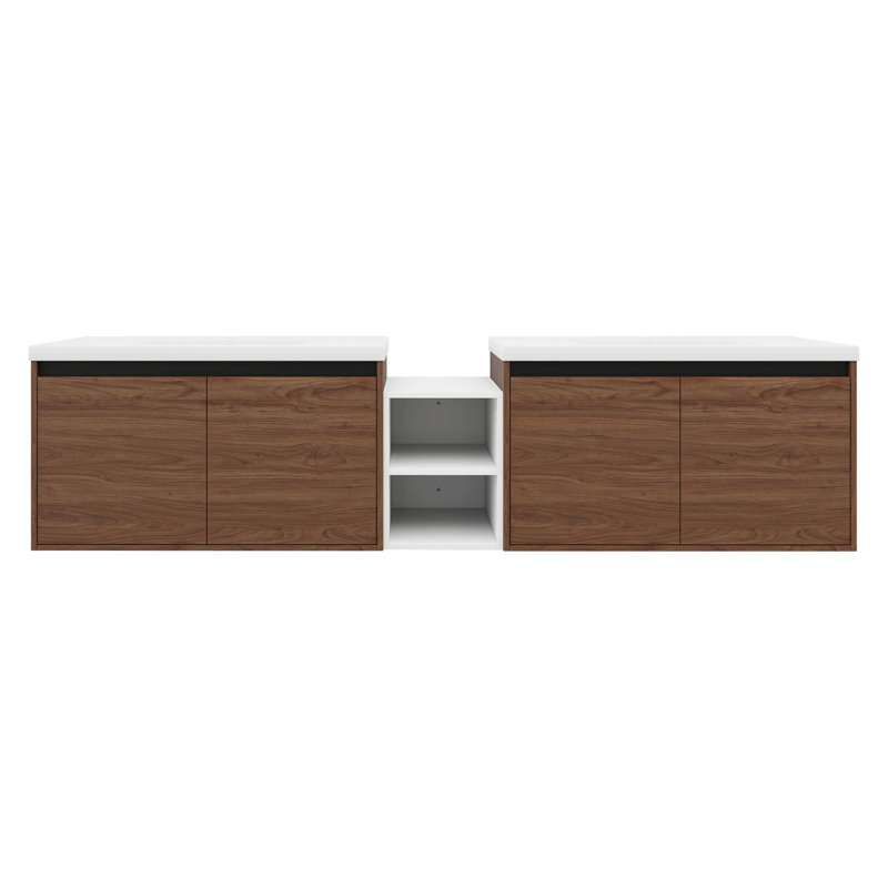 Meuble-lavabo mural modulaire avec lavabo en résine et tablettes de rangement, portes à fermeture douce, 83" W