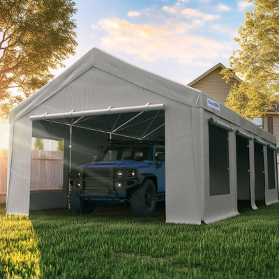 Quictent 13x25 ft Heavy Duty Carports with Side Zipper Doors & Snowproof Steel Cables & Ventilated Windows, Waterproof Storage Shelter for Outdoor Equipment, Grey