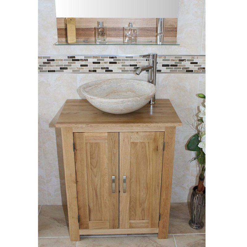 Cowen 650 mm Freestanding Single Vanity with Vessel Stone Basin, Travertine, Oak, Light Wood