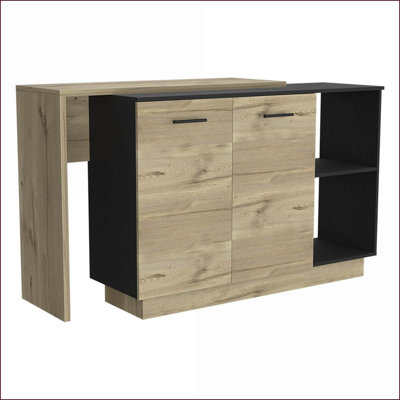 Îlot de cuisine avec rangement, armoires à double porte et amp; Tablettes - noir / chêne clair | Moderne | Panneau de particules