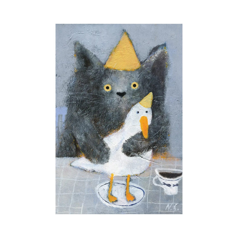 Cat And Duck On The Plate by Natalia Shaloshvili - Painting on Canvas, 30.48cm H x 20.32cm W x 1.91cm D, Wrapped Canvas