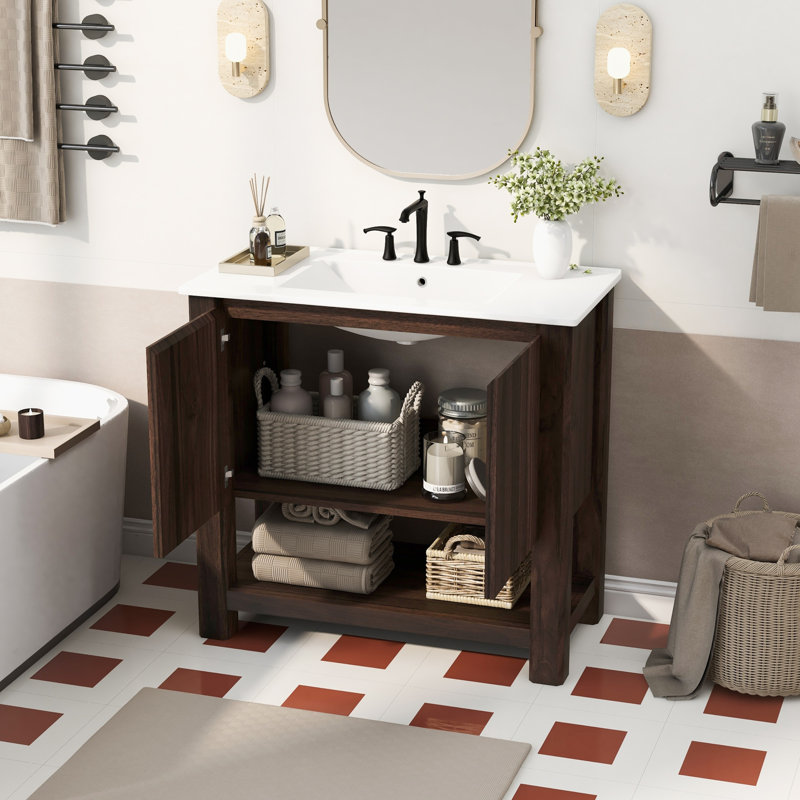 Meuble-lavabo moderne 35,5 po avec lavabo rectangulaire en céramique, Brun antique