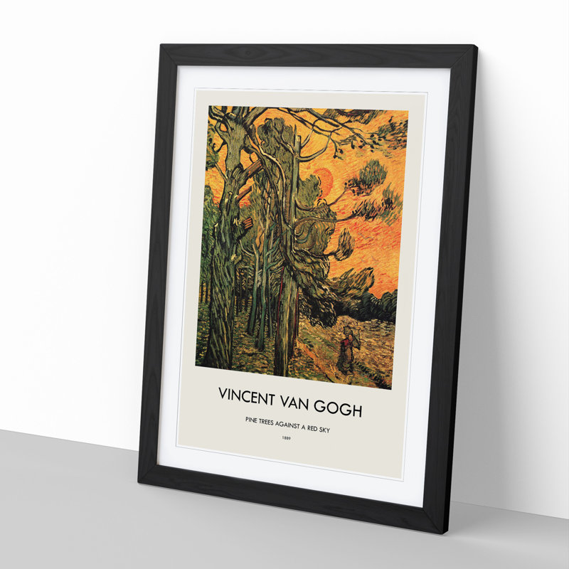 Pine Trees Against a Red Sky Print by Vincent Van Gogh - Picture Frame Painting, 65cm H x 48cm W x 2cm D, Black Framed