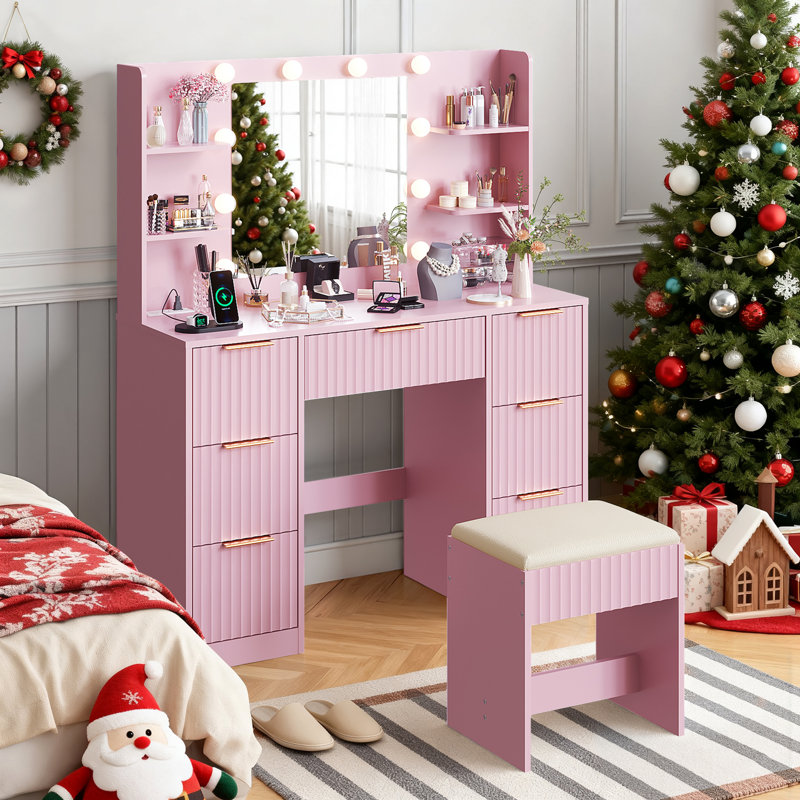 Lighted Vanity Set - 10pcs 3-Color Dimmable Bulbs, 7 Drawers, Pink
