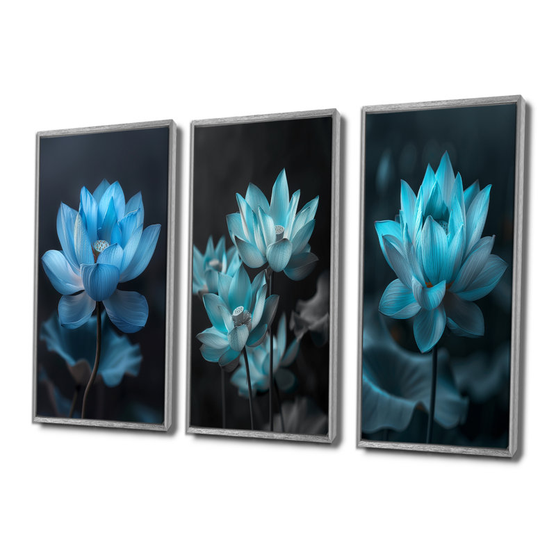 Bleu bleu, lotus rayonnants I - Collection d'art mural Lotus, H 28 po x l 36 po, Impression encadrée flottante, Argent argent