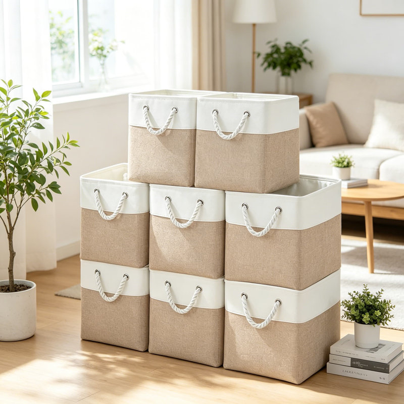 Bacs de rangement 11 x 11 pouces, 8 bacs de rangement pliables avec tissu imperméable, grands cubes de rangement avec poignées en corde pour le placard, vêtements de rangement, jouets, livres, blanc et beige