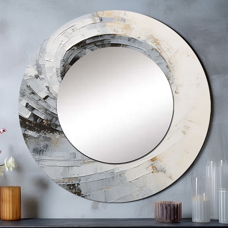 Blanc et gris Majestic Motion - miroir spirales abstraites, miroir mural décoratif rond moderne, impression d'art en métal