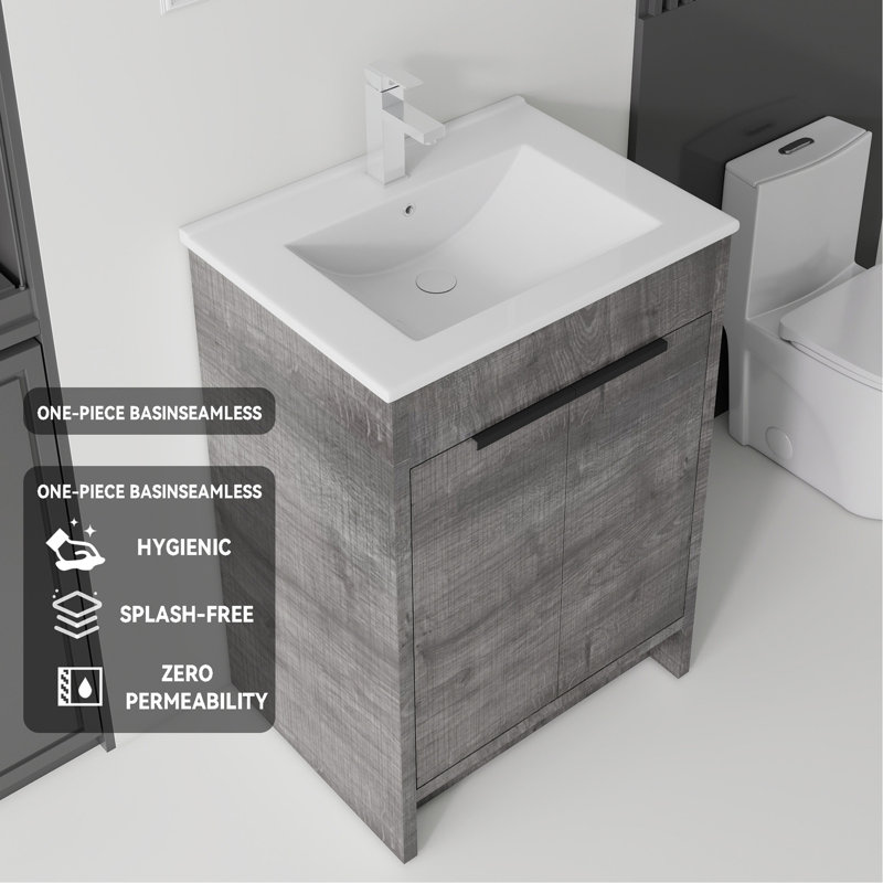 Meuble-lavabo autoportant 24 po avec lavabo, tiroir en céramique, contreplaqué, gris, Gray, L 24 po