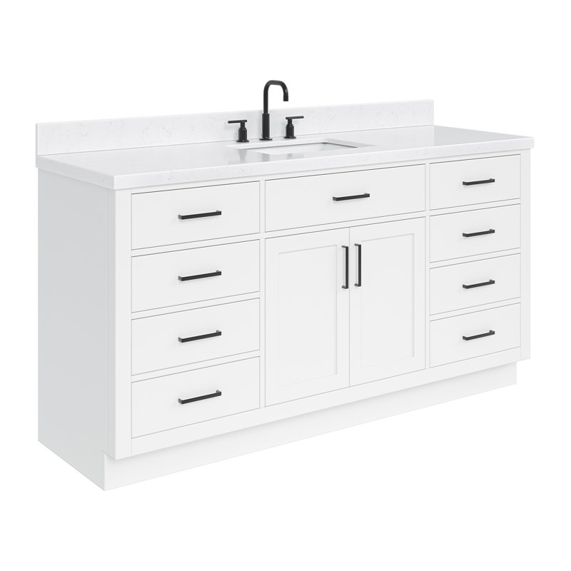 Meuble-lavabo simple en bois massif 66 po avec plateau en quartz Carrara de 1,5 po Thornaby, Blanc, Forme rectangulaire