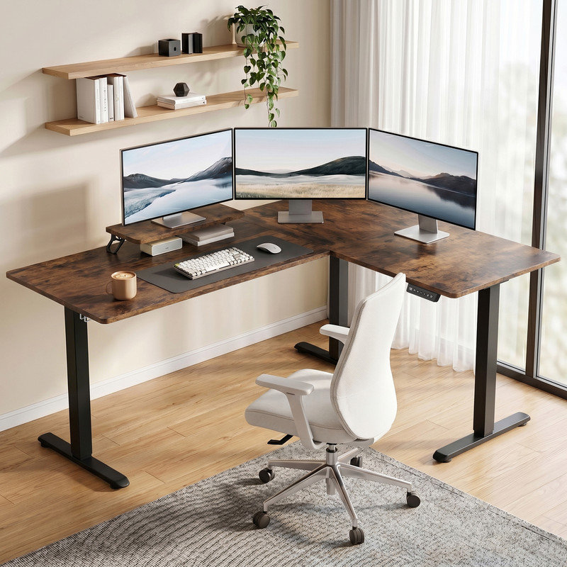 63"L-Shaped Electric Adjustable Standing Desk Ergonomic Computer Desk for Home Office, Brown
