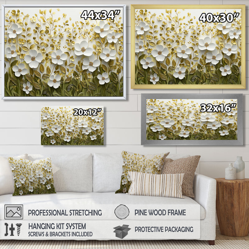 Été Widlflowers Essence of Spring - Art mural de fleurs sauvages pour le salon, H 24 po x l 32 po, Crème, crème