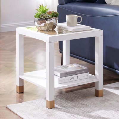 Modern Glass Square End Table, 2-Layer Nightstands With Metal Frame & Glass Top