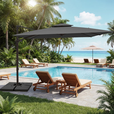9 Ft. X 9 Ft. Square Steel Cantilever Patio Umbrella With Base in Gray