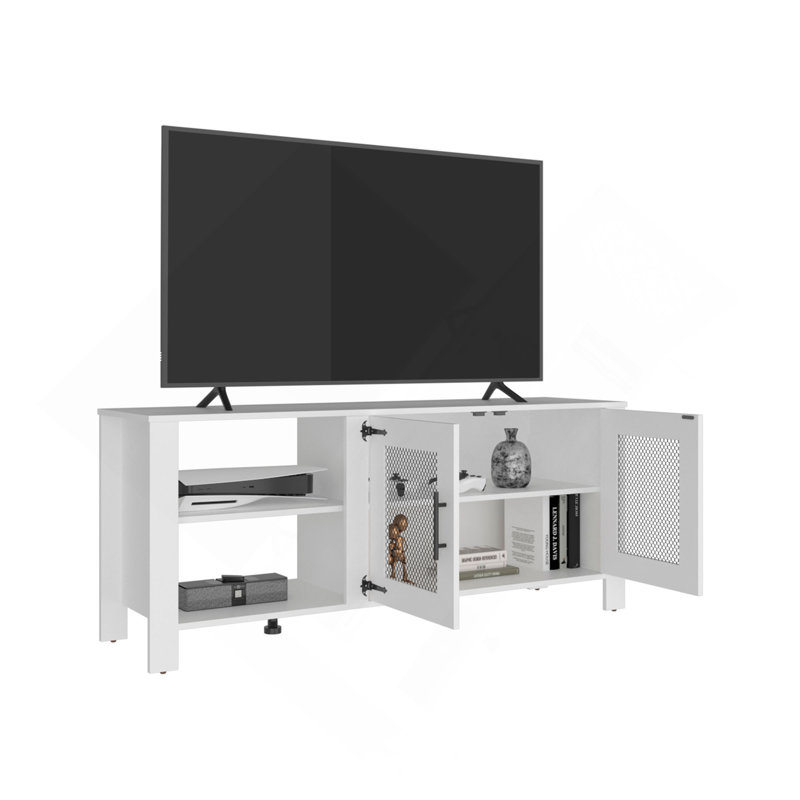 Meuble télé 65 po avec 5 tablettes ouvertes, 2 portes et console multimédia moderne pour le rangement dans le salon Freedom