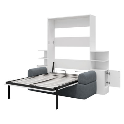 Grand lit escamotable mural avec canapé et armoires de rangement, lit mural peu encombrant pour bureau à domicile et chambre d'amis, blanc et gris
