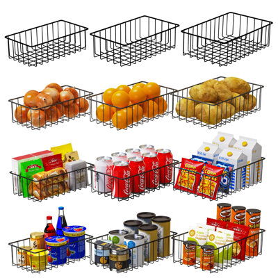 12 PACK (3 Szie) Small Wire Storage Baskets for Organizing,Pantry Organization Bins for Cabinets, Metal Basket for Kitchen, Bathroom Organizer (Black)