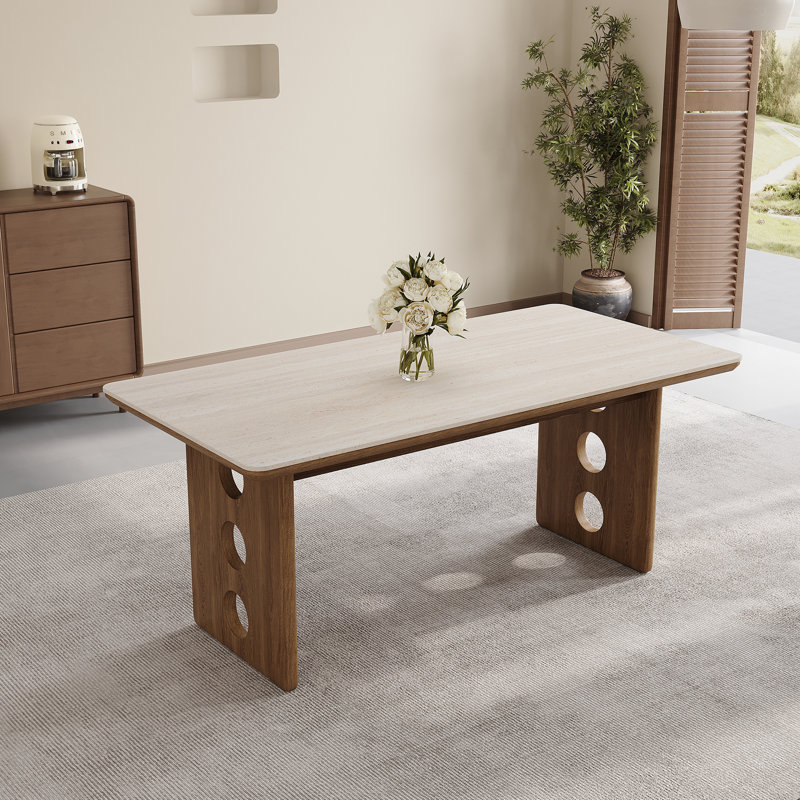 Mid-century Modern 7-piece Dining Set, Travertine & Wood Rectangular Table With Hollow Double Pedestal, 6 Upholstered Linen Chairs With Brown Solid Wood Legs