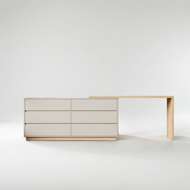55.2 Inch White Corner L-Shaped Dressing Table, 6 Drawers