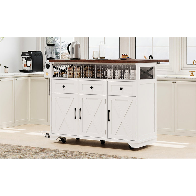 Kitchen Island In White With Beaded Drape, Power Socket, 3 Cabinets, Drawers, Drop Leaf Table, Adjustable Shelves, Internal Shelf 46.5'' Drape Of Beads, Outlet, Drawer Doors, Leaf,