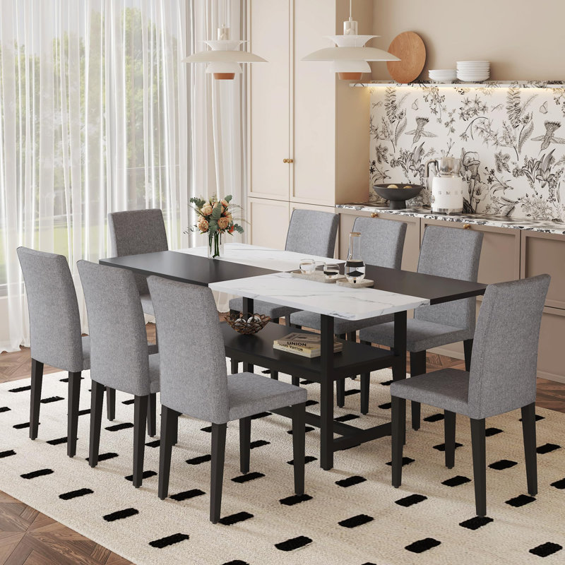Ensemble de table de salle à manger rectangulaire pour 8 personnes, ensemble de table de salle à manger de style campagnard de 71 po avec 8 chaises rembourrées et une étagère de rangement, plateau de table en grain de marbre avec structure en métal, fendu noir / blanc