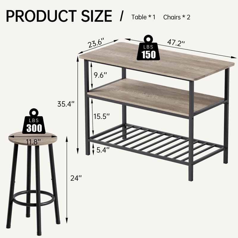 3-Tier Kitchen Island with 2 Stools
