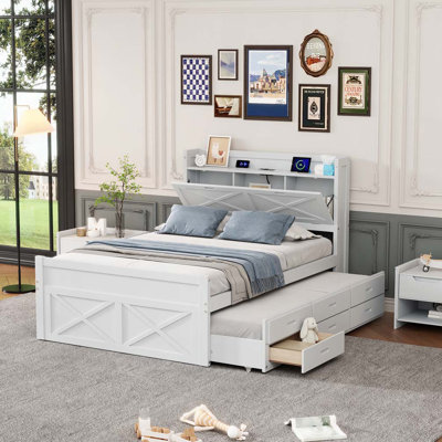 Lit en bois avec tête de lit avec prises de courant, lit extensible avec lit gigogne simple avec trois tiroirs de rangement