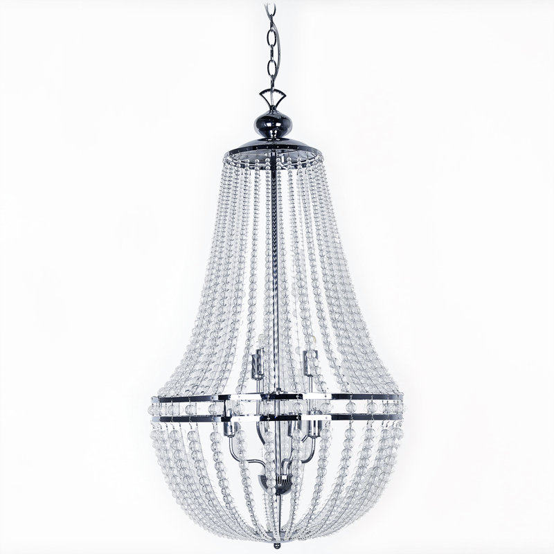 Lustree empire 6 lumières unique Renita, Chrome poli, Perles de verre transparentes