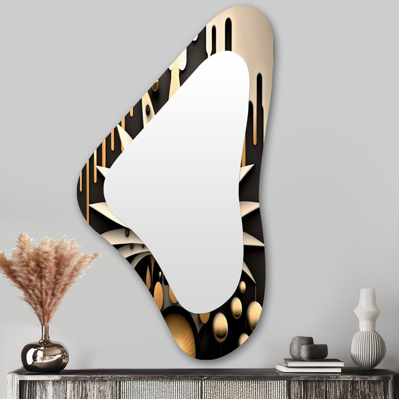 Jersi feuilles blanches avec gouttelettes dorées - grand miroir mural asymétrique géométrique, miroir décoratif noir de forme unique, impression d'art en métal