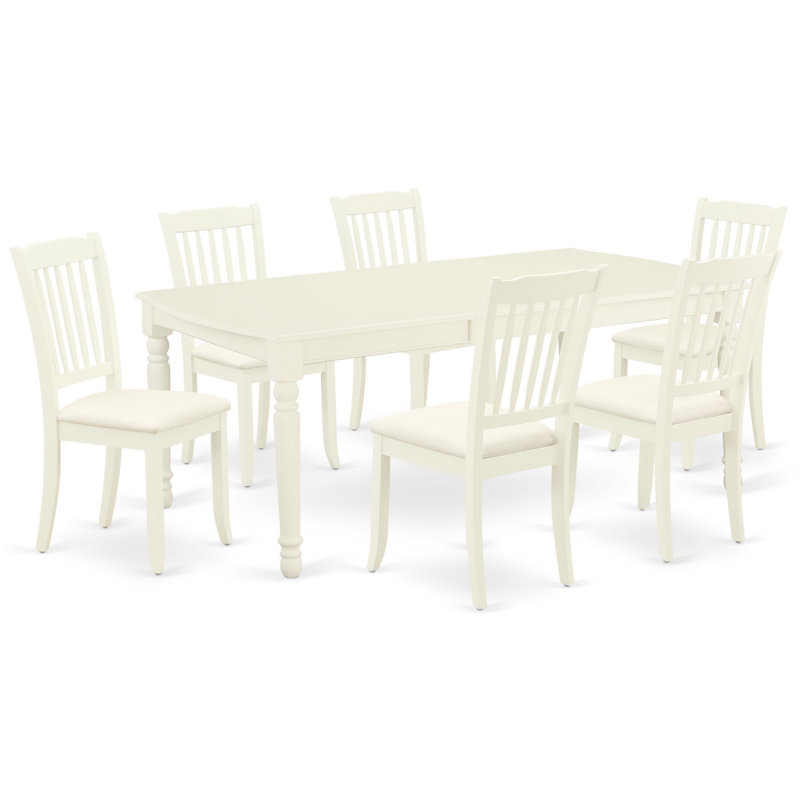 Ensemble de 7 pièces comprenant une table de salle à manger rectangulaire avec rallonge papillon et 6 chaises de cuisine en tissu de lin, blanc lin