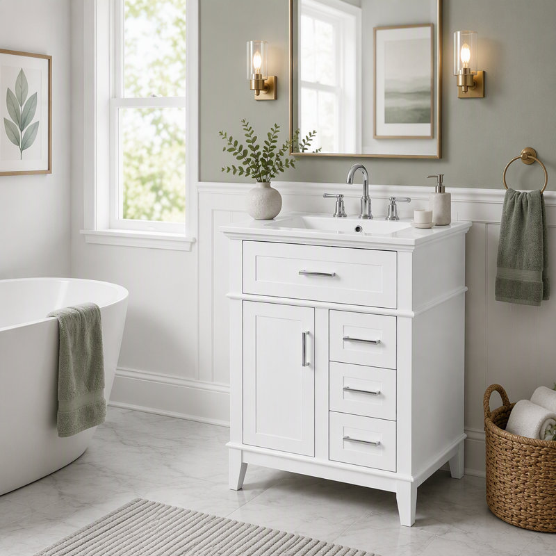 Meuble-lavabo de 24 po avec lavabo en céramique, structure en bois massif et armoire en panneau de fibres à densité moyenne, 1 porte, tiroir rabattable et 3 tiroirs, charnières à fermeture en douceur, tablette réglable, poignées argentées