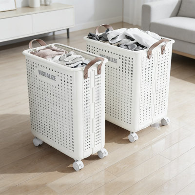 2Pcs,White, Extra Large + Medium Size,Foldable Laundry Hamper With Wheels, Breathable Mesh Design, Heavy-Duty PP Material, Space-Saving Collapsible Storage Basket For Home, Bathroom, And Laundry Room