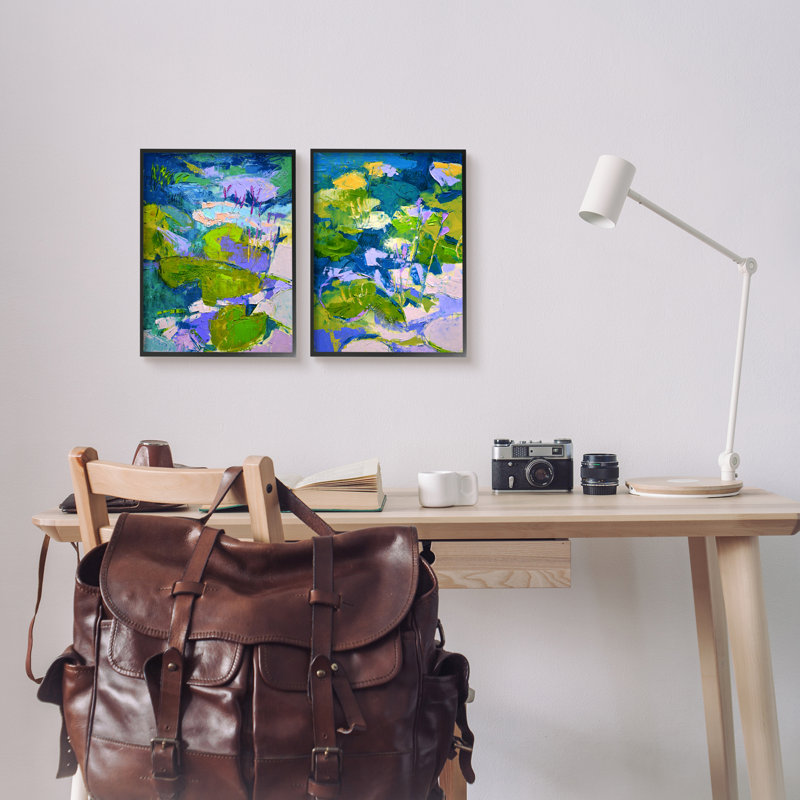 «Floating Lotus Blossom Pond» par Dorothy Fagan, ensemble de 2 peintures sur bois, H 14 po x l 22 po x P 1,5 po