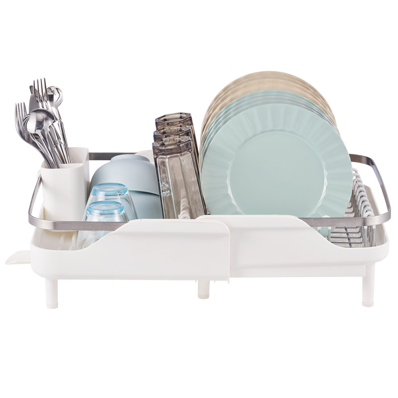 Expandable White and Stainless Steel Dish Drying Rack with Utensil Cup