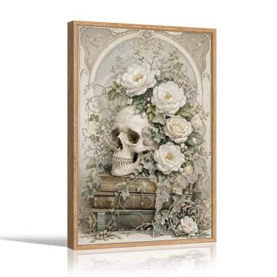 Art mural sur toile, crâne blanc avec roses blanches et livres rétro