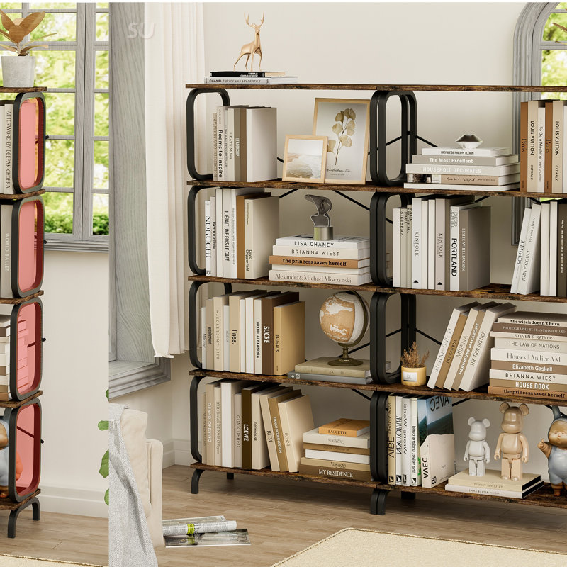 5-Tier Industrial Bookshelf, Tall Bookcase With Open Wood & Metal Design For Versatile Storage And Display, Black