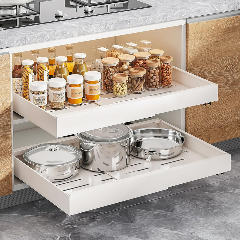 Ensemble de 2 armoires coulissantes extensibles (12,2 po à 20,4 po) x 21 po à tiroirs profonds pour armoires de salle de bain garde-manger, 3 glissières de mise à niveau porteuses fixées avec un film adhésif Nano