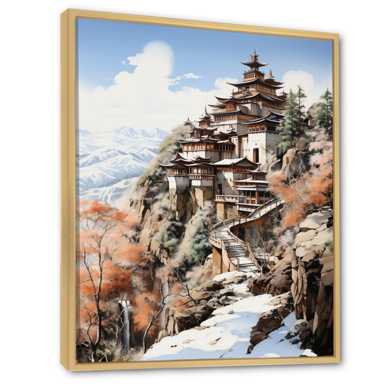 Art asiatique, monastère tibétain - reproduction d'art sur toile, H 20 po x l 12 po x P 1 po, Cadre naturel flottant