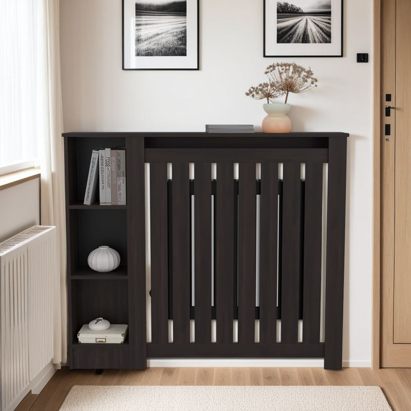 Armoire de radiateur Joseph avec cadre à lattes et 3 tablettes, housse de chauffage décorative, mobilier moderne, Brun
