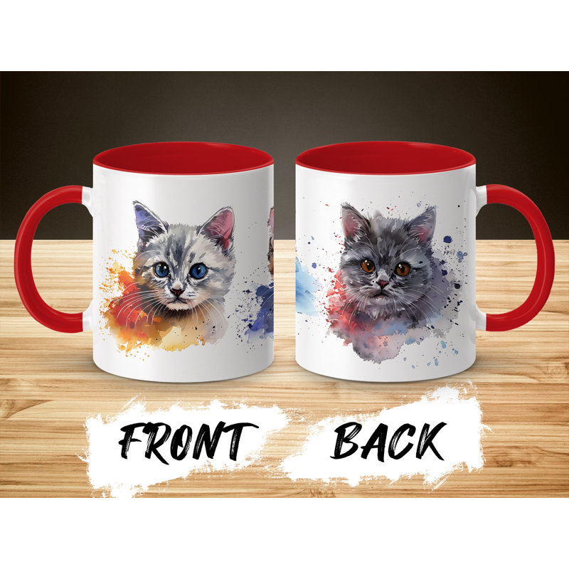 Cat Design 11oz Accent Mug – White Ceramic Coffee Cup with Colored Handle and Interior, 3, Red