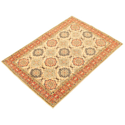 Tapis unique en laine noué à la main style Ouzbék Gazni des années 2010 de 4 pi 10 po x 6 pi 11 po jaune Amburgey