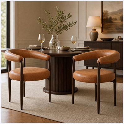 Ensemble de 2 chaises de salle à manger vintage en forme de tonneau, structure en fer, revêtement en cuir PU, finition brun rougeâtre et or, pour cuisine, salle à manger et restaurant.