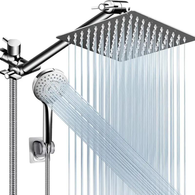 Shower Head Combo,8 Inch High Pressure Rain Shower Head with 11 Inch Adjustable Extension Arm and 3 Settings Handheld Shower Head Combo with Long Hose